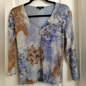 Y2K Spiderweb Flower Blue/Gold Spring 3/4 Sleeve Blouse by Therapy Size XL